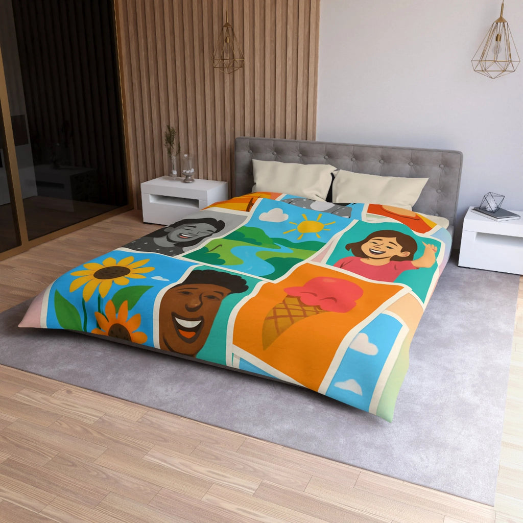 Vibrante housse de couette colorée avec portraits joyeux et paysages ensoleillés pour chambre