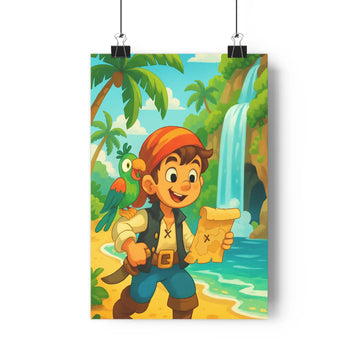 Poster pirate joyeux perroquet carte palmiers cascade plage tropical bleu vert jaune cartoon chambre salon