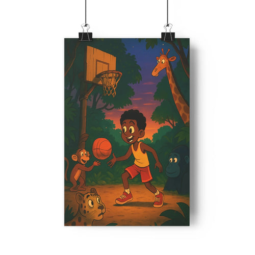 Poster enfant basket animaux forêt nuit soleil couchant bleu rose arbres verts chaussures rouges cartoon joyeuse amicale chambre salon