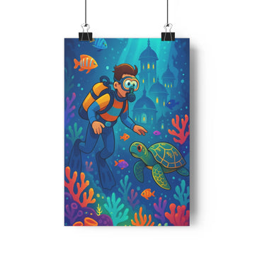 Poster plongeur poissons tortue corail château sous-marin bleu orange cartoon vibrant fantastique chambre salon bureau