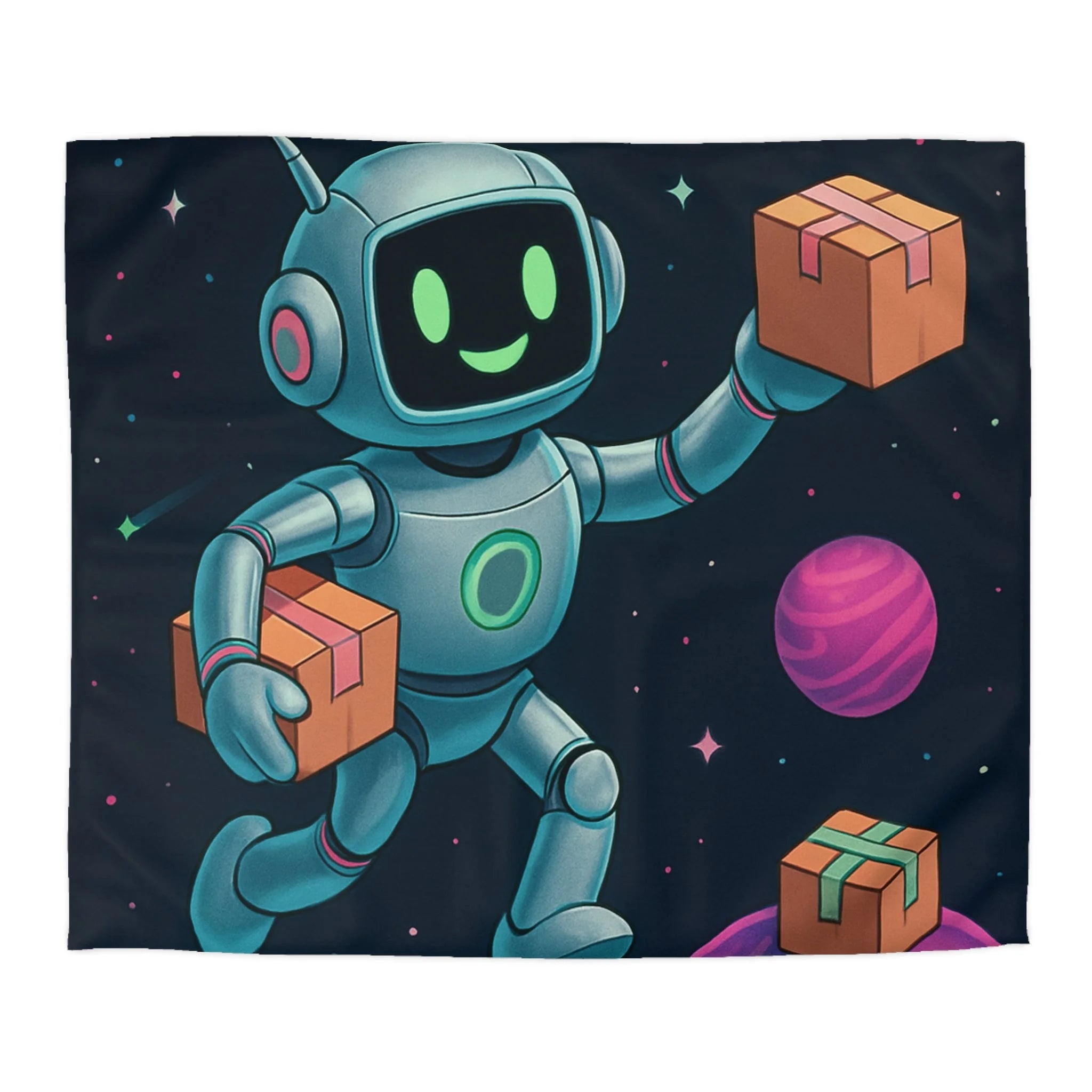 Housse de Couette Spatiale avec Robot Jovial et Planètes Colorées pour Enfants