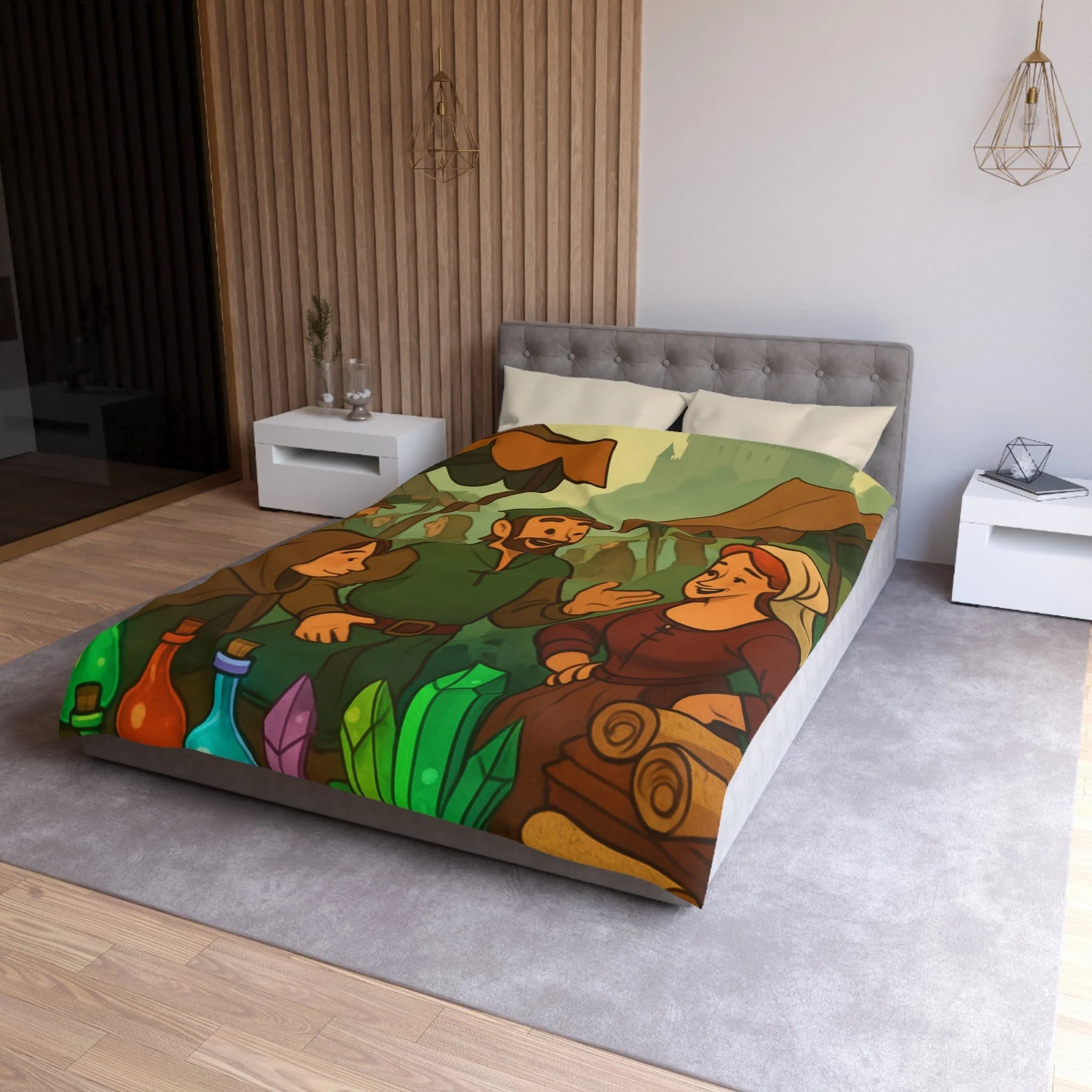 Housse de couette thème médiéval avec château, marché animé et potions colorées