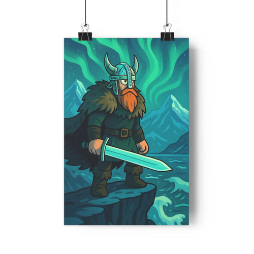 Poster viking sabre nuages lumière vert bleu montagne enneigée tunique sombre aurore boréale table objet vase livre pomme pin ambiance