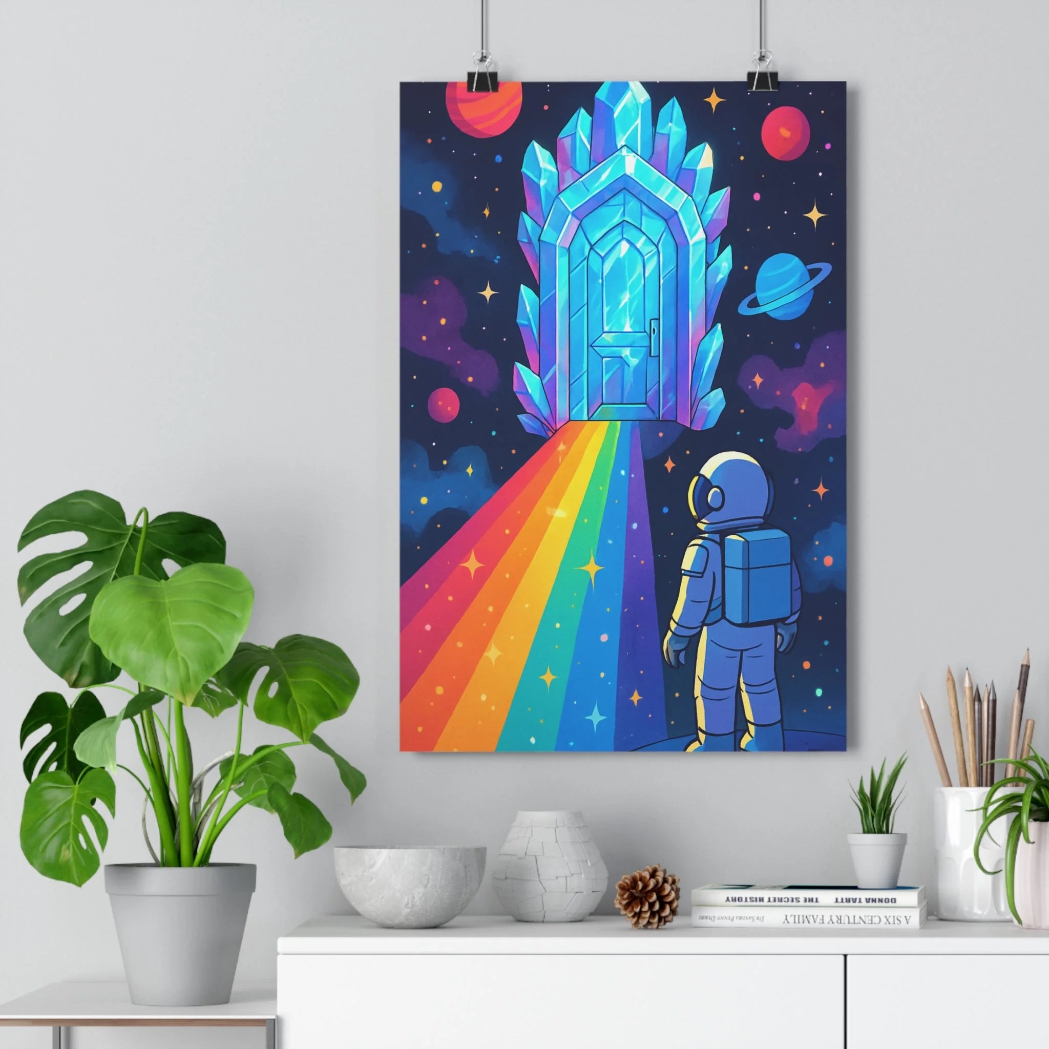 Poster décoratif astronaute cosmique lumineux magique chambre bureau arcenciel étoiles moderne captivant 30x46 qualité