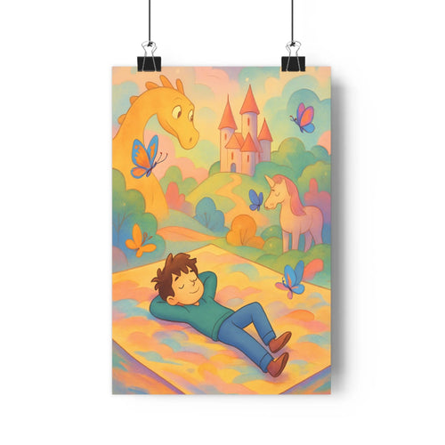 Poster enfant dormir dragon licorne papillons château collines vert bleu jaune cartoon conte fées chambre douce enchantée