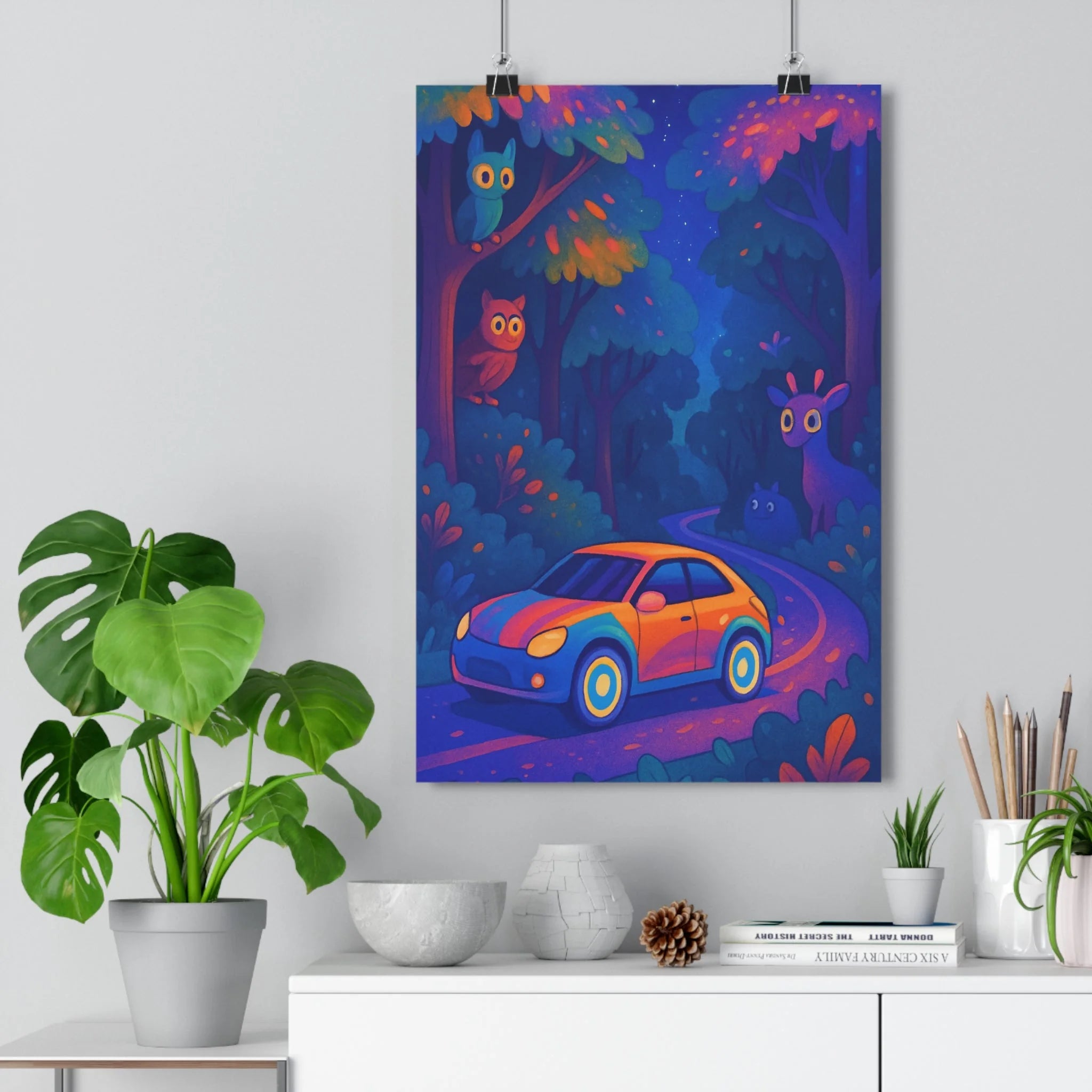 Poster décoratif voiture forêt magique enfant lumineux dessin animé bleu orange violet aventure 30x46
