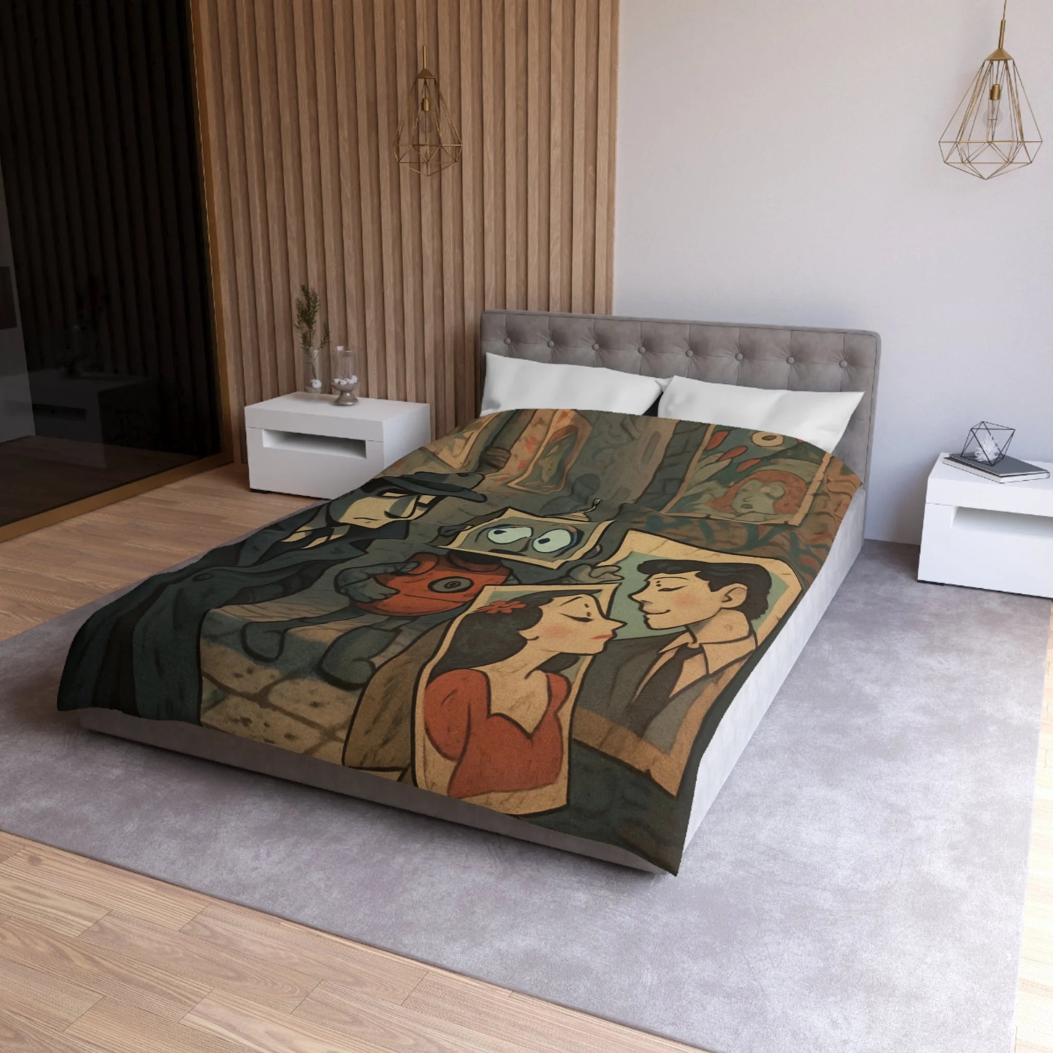 Housse de couette rétro robot vintage, style pop art, ambiance urbaine et romantique