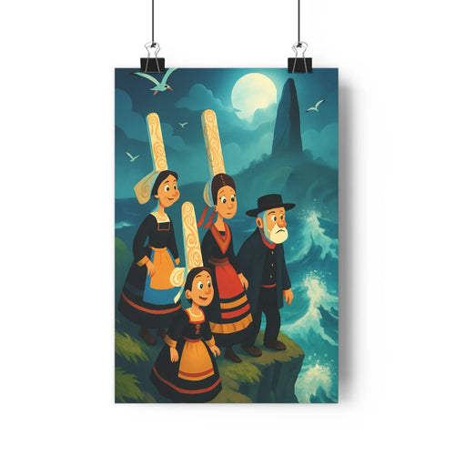 Poster mystère falaise lune étoiles bleu nuit traditional costumes expressions ambiances inquiétantes émotions paysage silhouettes cartoon