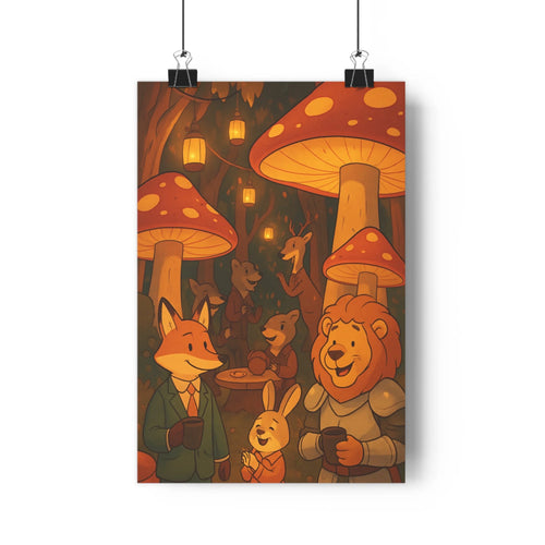 Poster fantastique foret animaux formel lapin lion champignons lumière chaleur magie verte marron rouge cartoon amical salon chambre