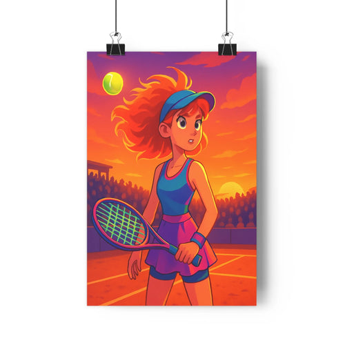 Poster vibrant tennis joueuse oranges rouges nuages verts plantes intérieur énergétique dynamique contours nets ombres douces ambiance sportive chambre salon