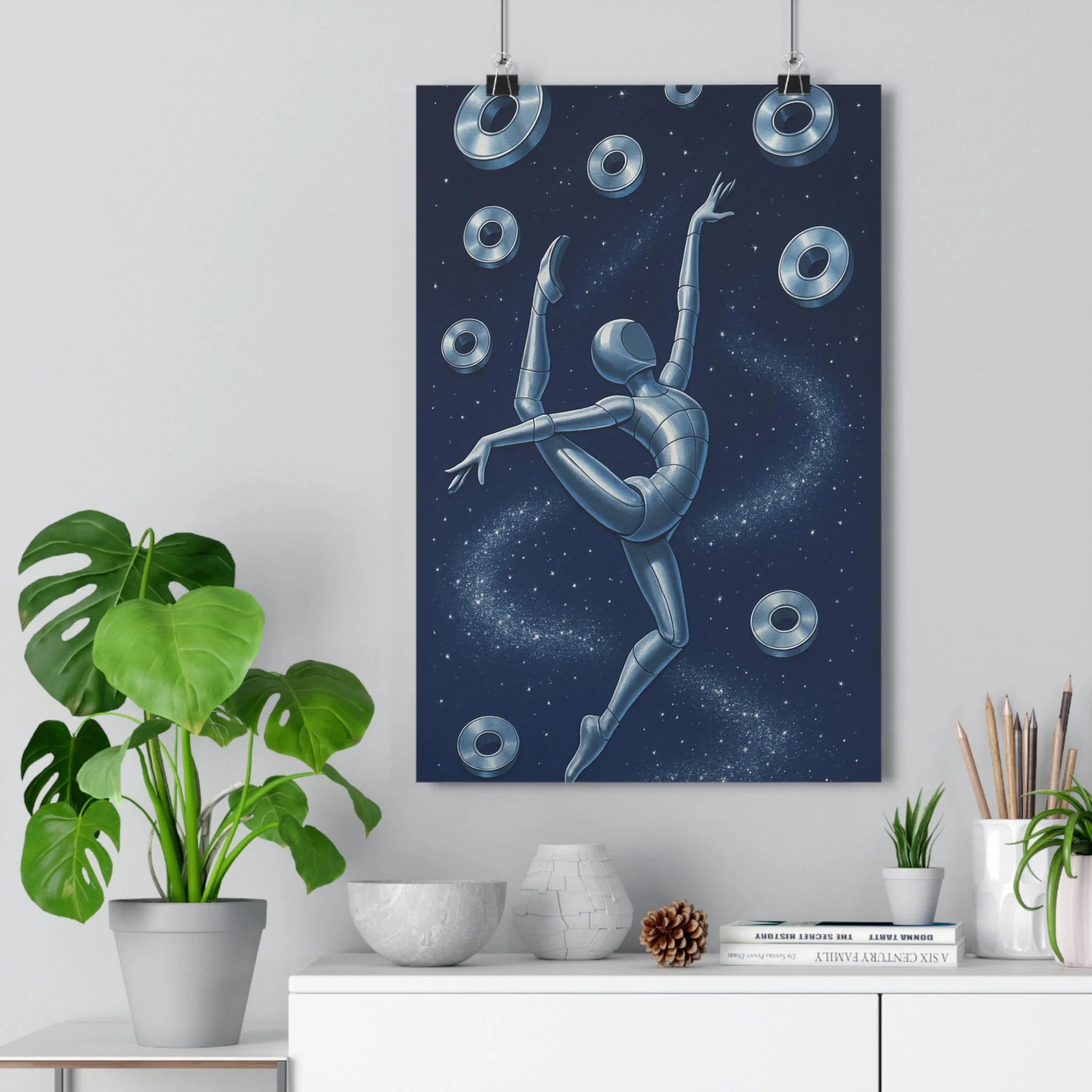 Poster décoratif danse étoilé bleu argent cartoon poétique mystique salon chambre moderne élégant tendance