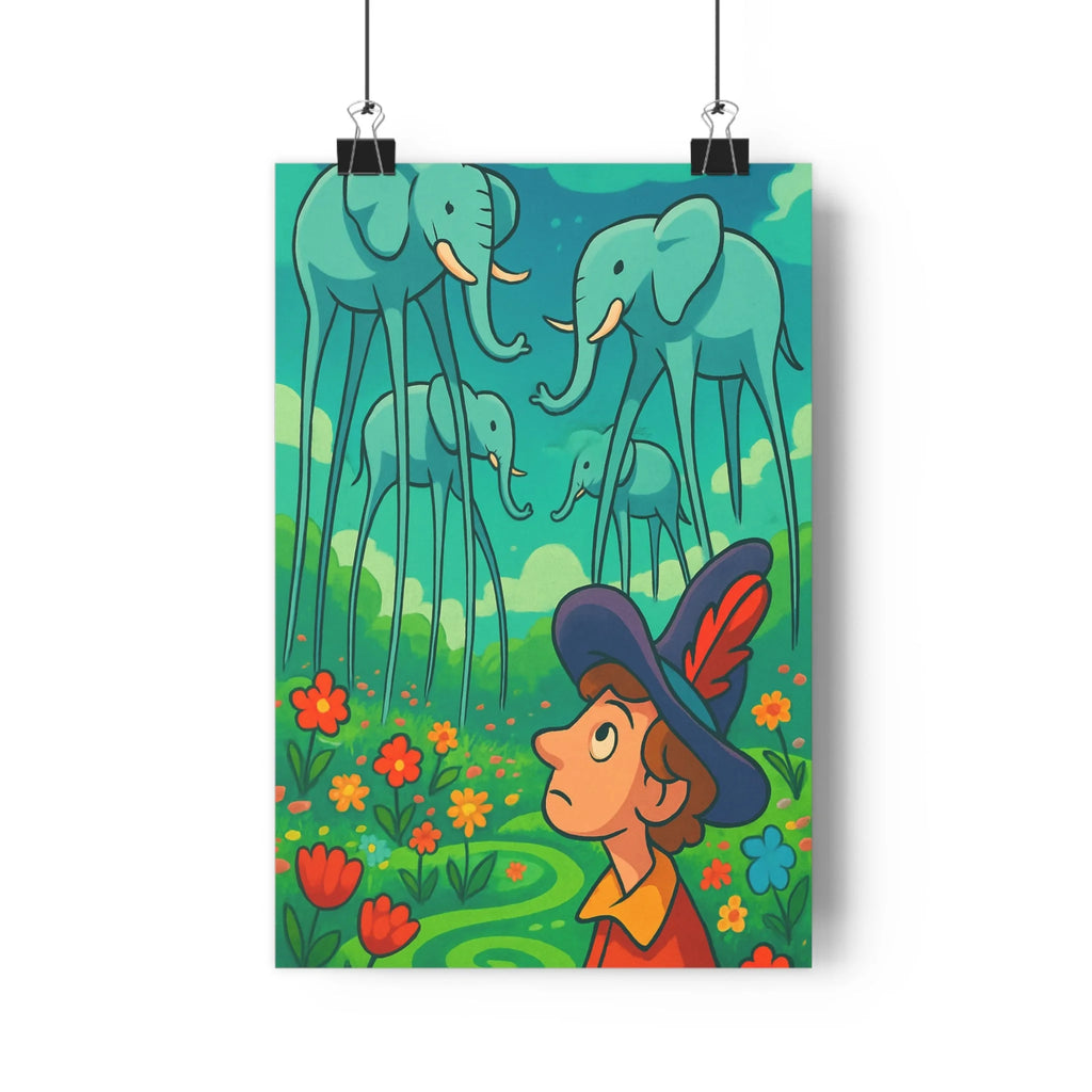 Poster décoratif surréaliste éléphants volants jardin bleu vert rouge ambiance magique intérieur 30x46 rêveur