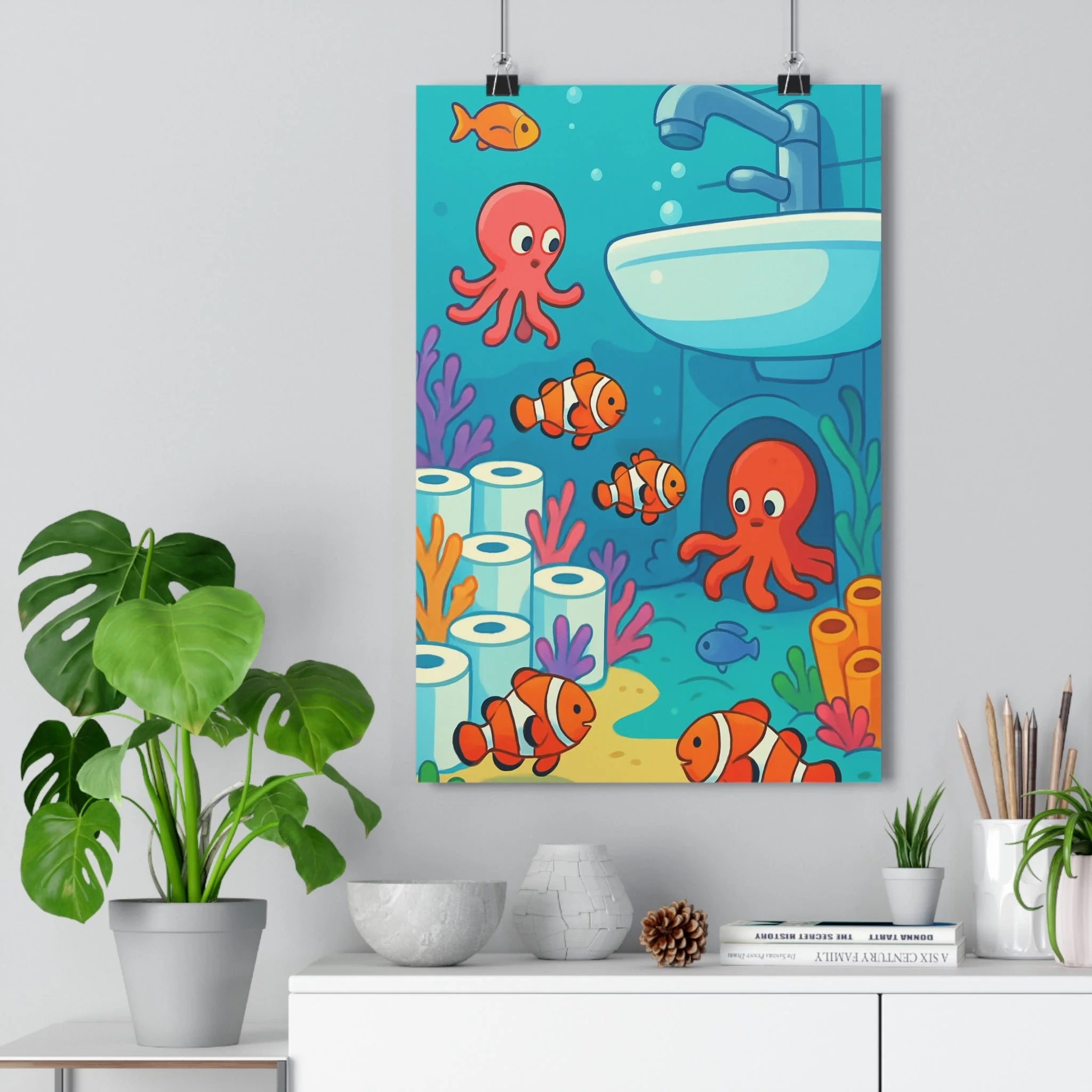 Poster décoratif amusant vibrant bleu corail cartoon scène aquatique enfants créatif coloré fantaisie unique