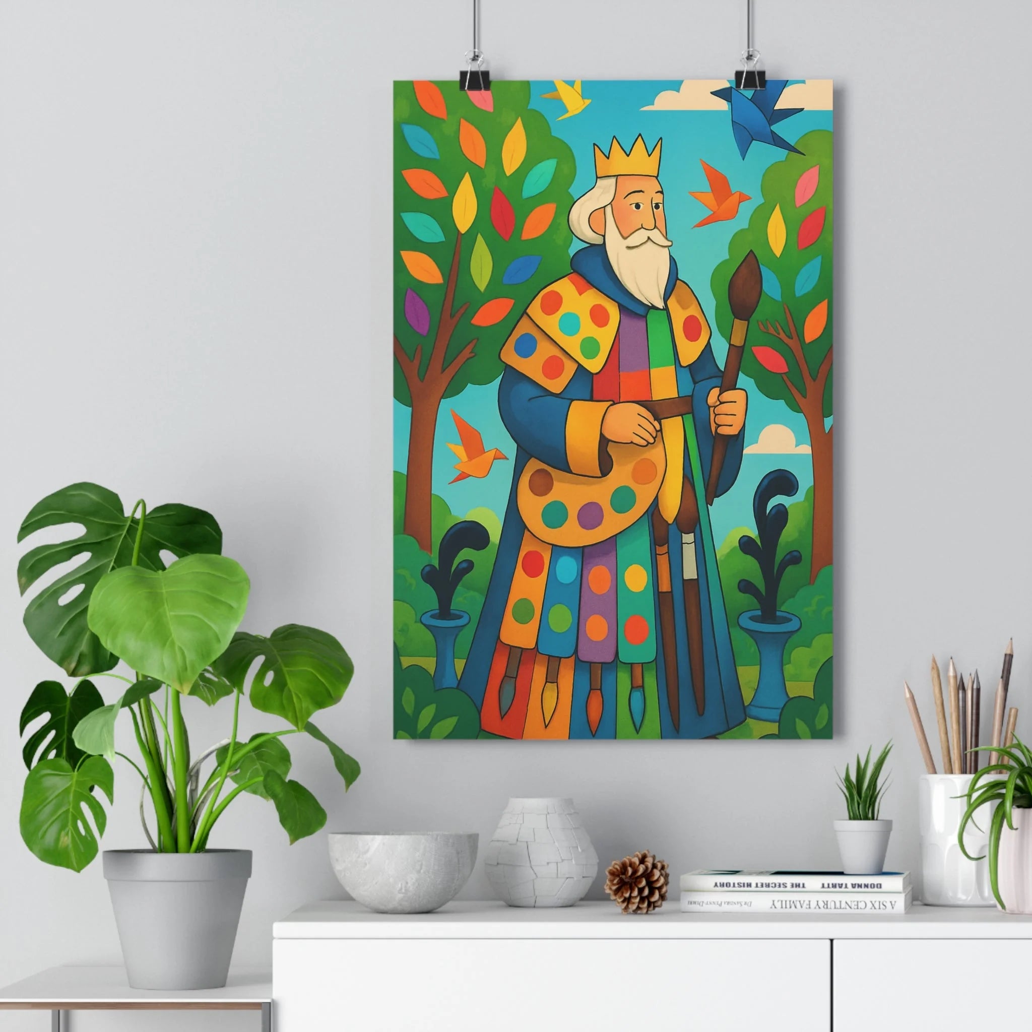Poster décoratif artistique bleu vert joyeux illustration fantaisie salon chambre royal couronne pinceau végétation