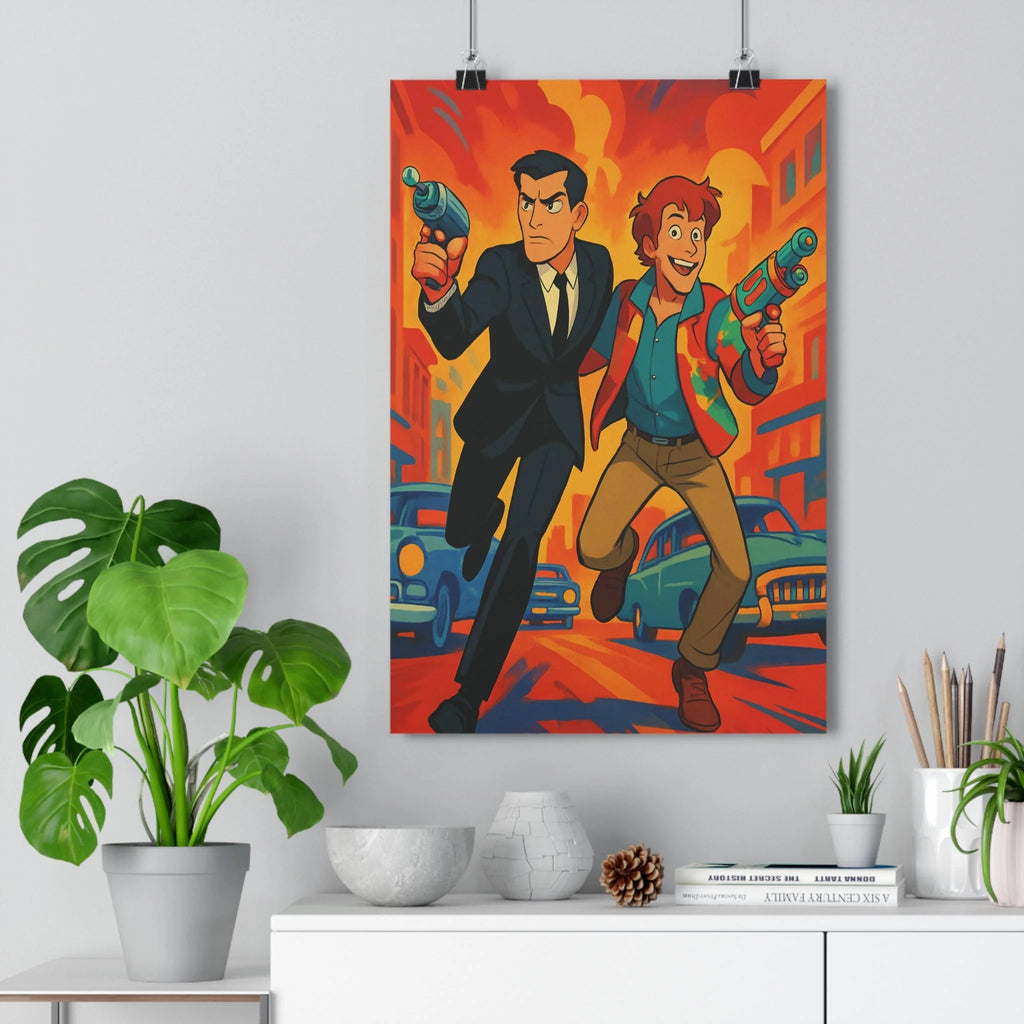 Poster décoratif dynamique rouge orange aventure moderne salon chambre action art rue élégance contrastes