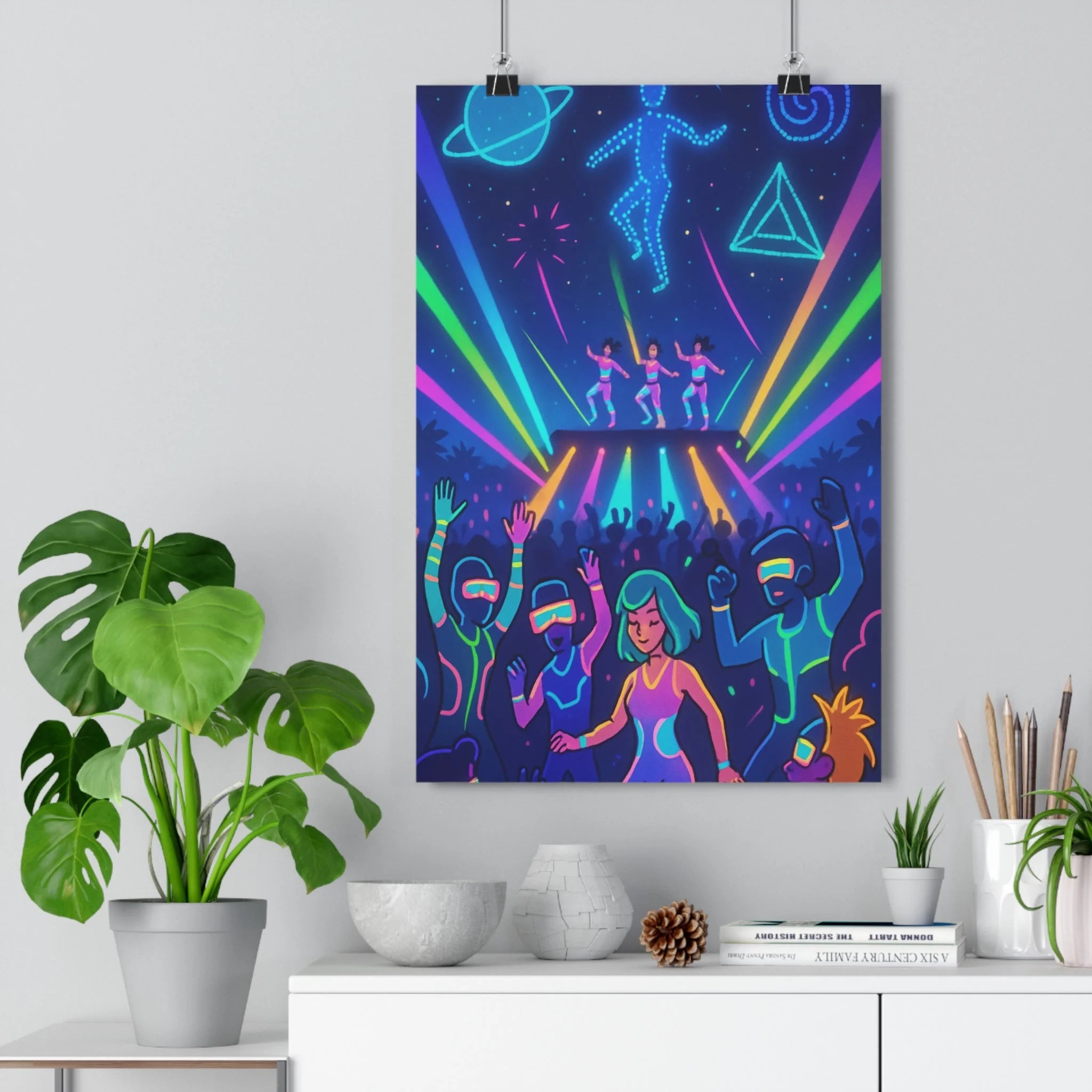Poster décoratif futuriste néon lumineux joyeux salon chambre danseurs scène vibrant dynamique étoilé ambiance
