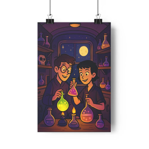Poster mystique personnages laboratoire potions nuits lune étoiles chimie magie violet noir couleurs vives étagères bouteilles flacons
