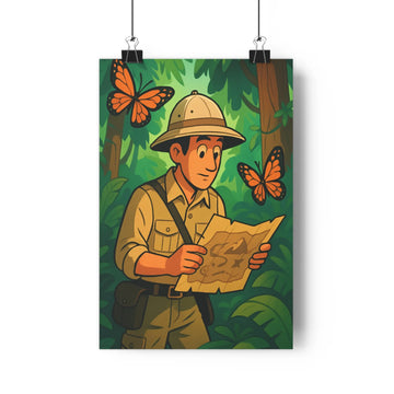 Poster aventurier explorateur carte papillons foret dense arbres luxuriants couleurs vives style cartoon ludique élégance verte chambre bureau
