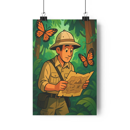 Poster aventurier explorateur carte papillons foret dense arbres luxuriants couleurs vives style cartoon ludique élégance verte chambre bureau