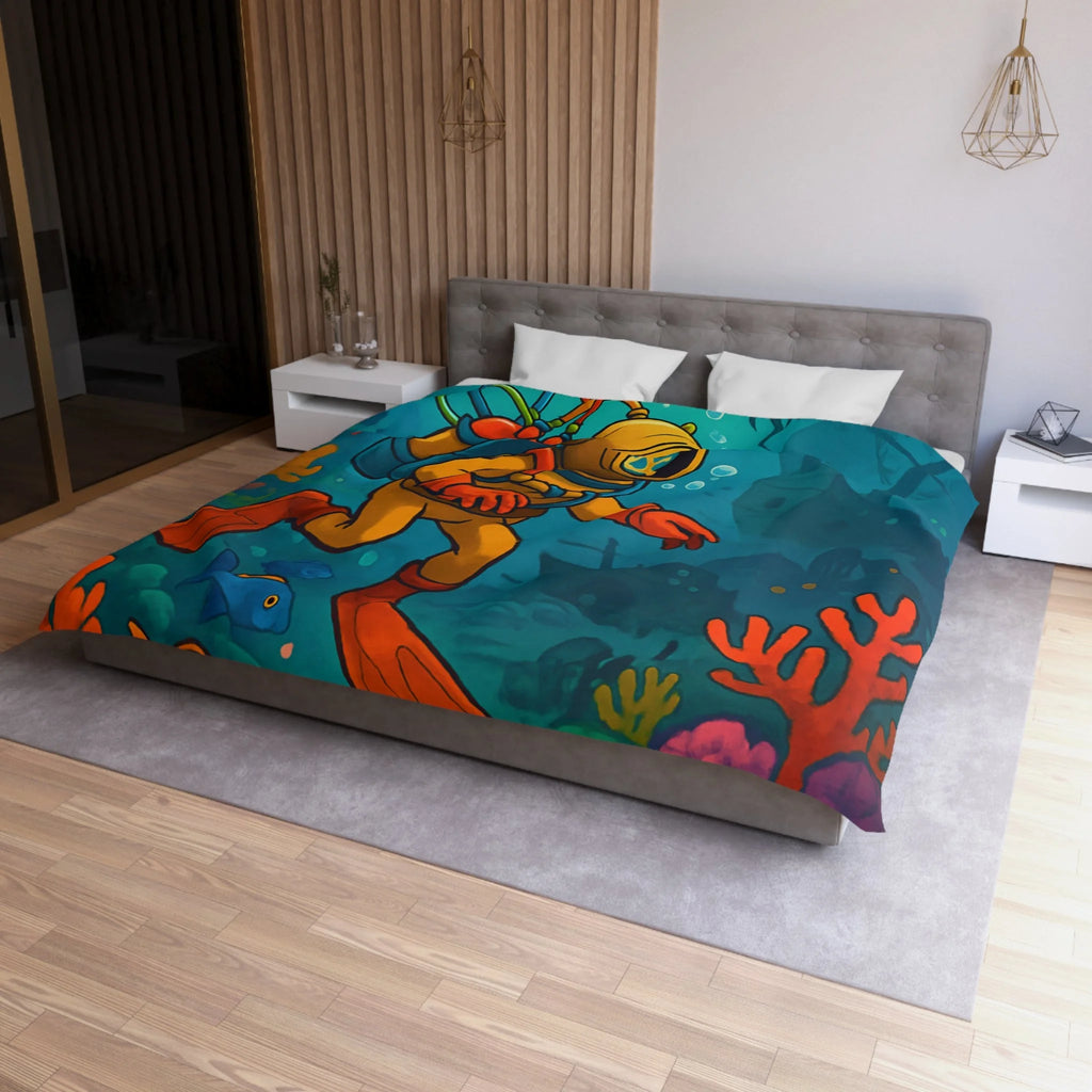 Housse de couette motif plongeur rétro dans un monde sous-marin coloré et mystérieux