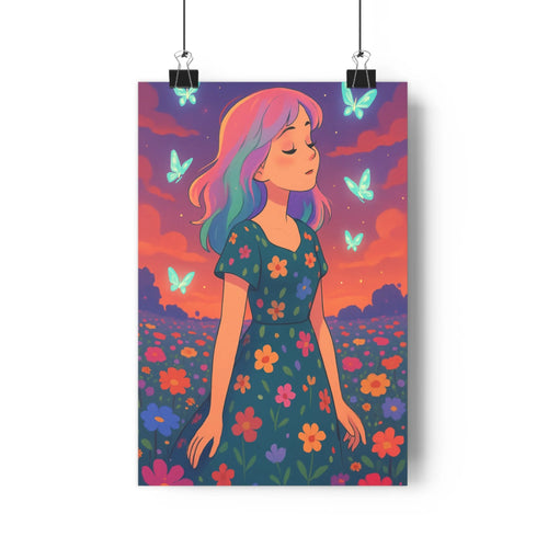 Poster femme méditative papillons fleurs champ plantes éclatantes contours nets détails soigne décoration chambre ambiance réflective style doux coloré