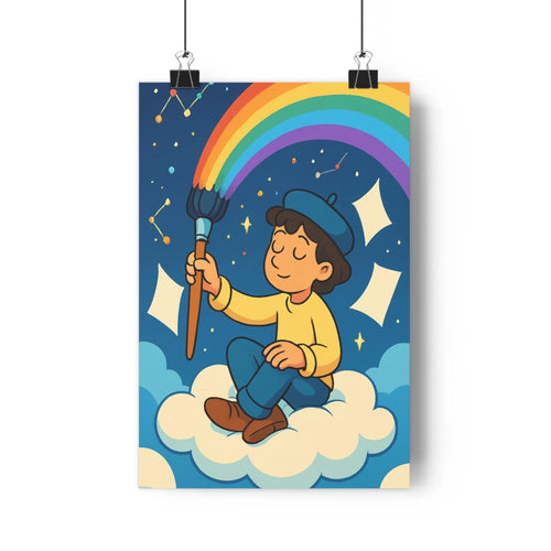 Poster décoratif pastel cartoon rêveur magique nuage pinceau arcenciel étoiles chambre enfant 30x46 qualité