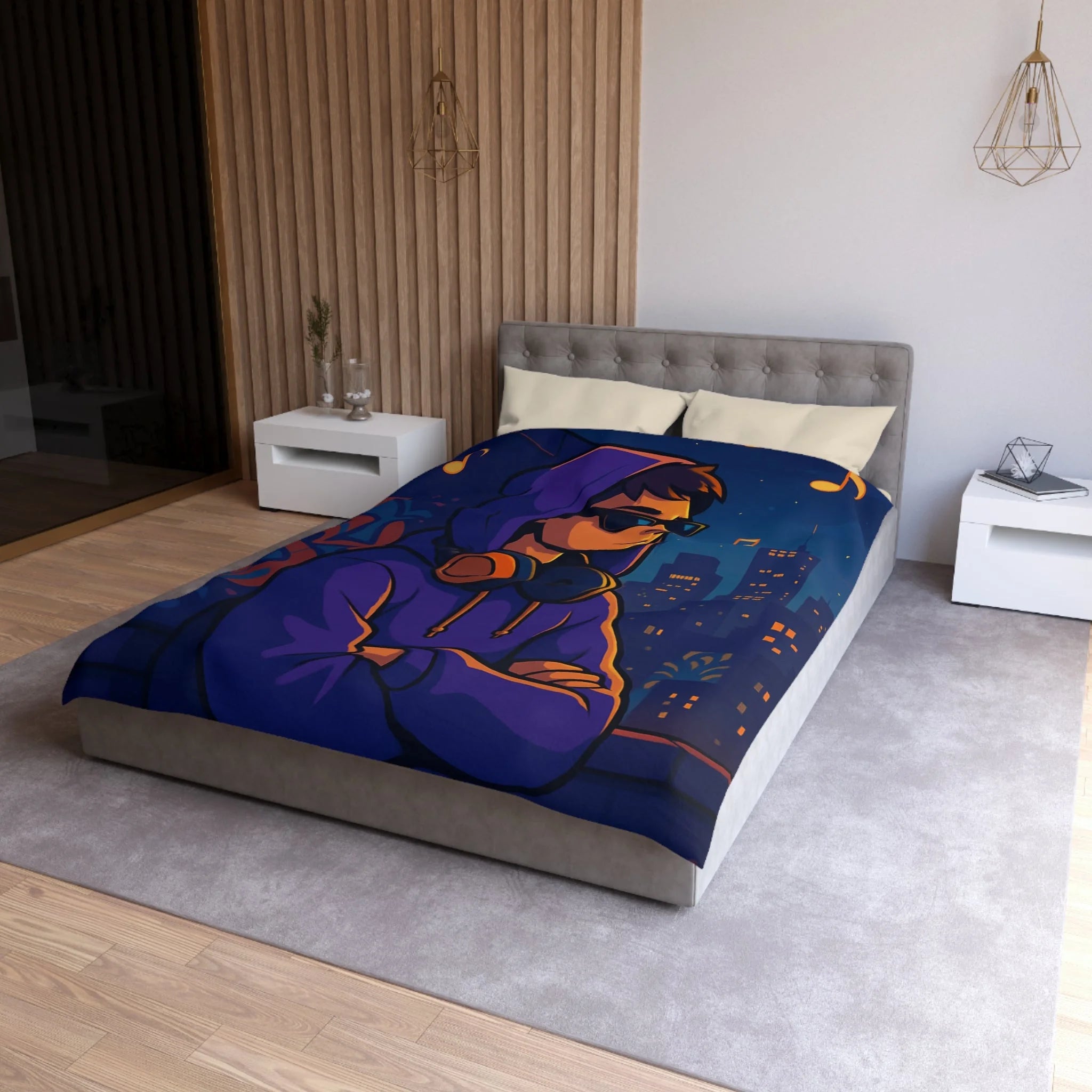 Housse de Couette Style Urbain avec Motifs Musique et Paysage Nocturne Animé