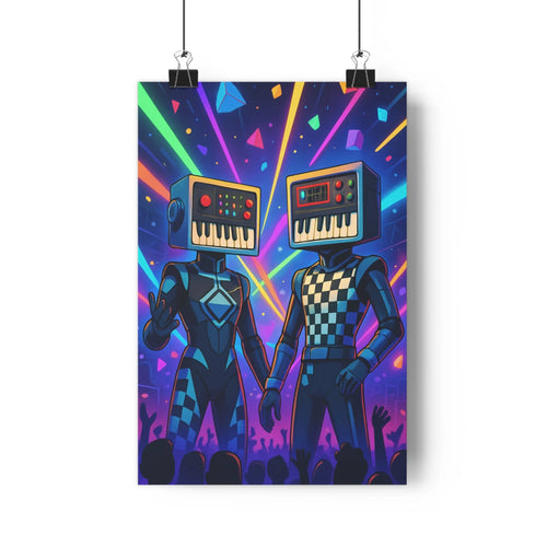 Poster robotique tête clavier public vibrant motifs géométriques bleu violet joyeux ambiance festive style moderne contours nets détails précis salon
