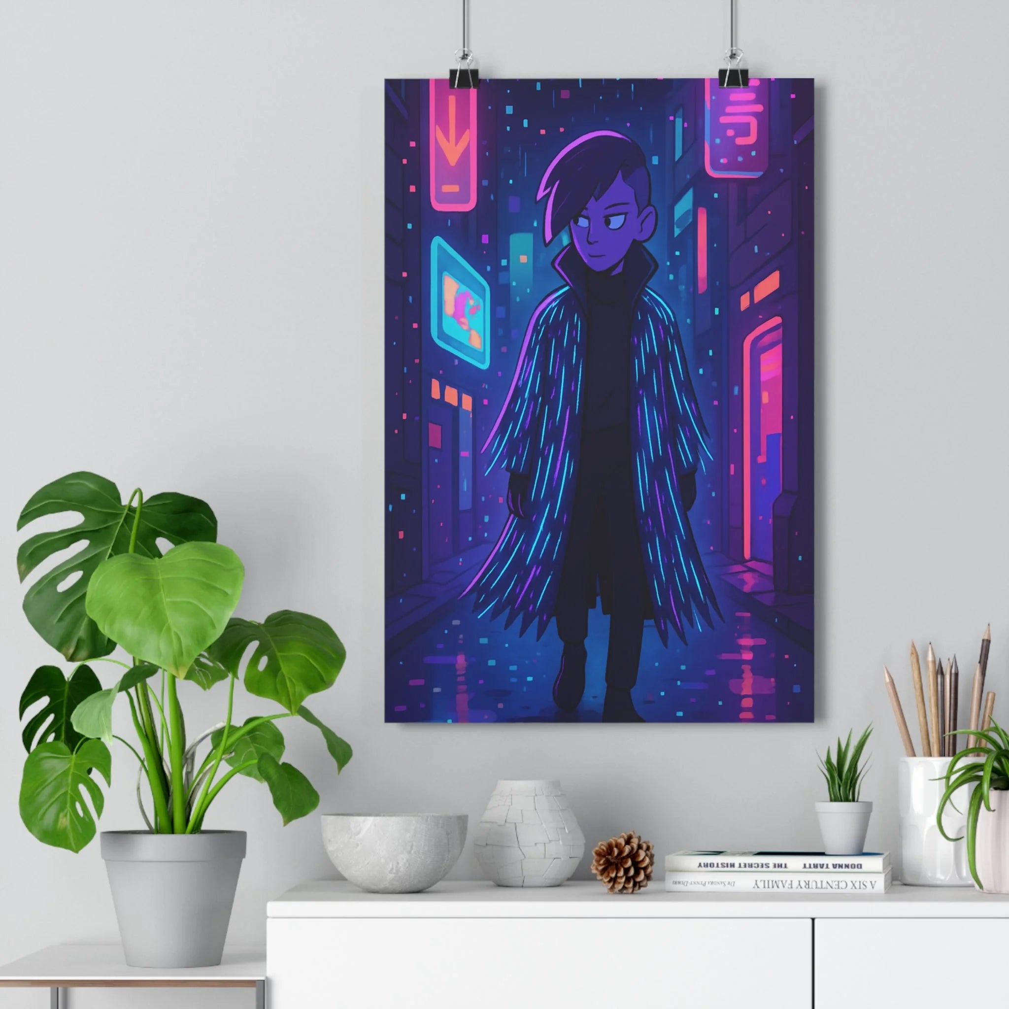 Poster décoratif futuriste néon bleu violet moderne mystérieux ruelle bureau art contemporain 30x46 qualité