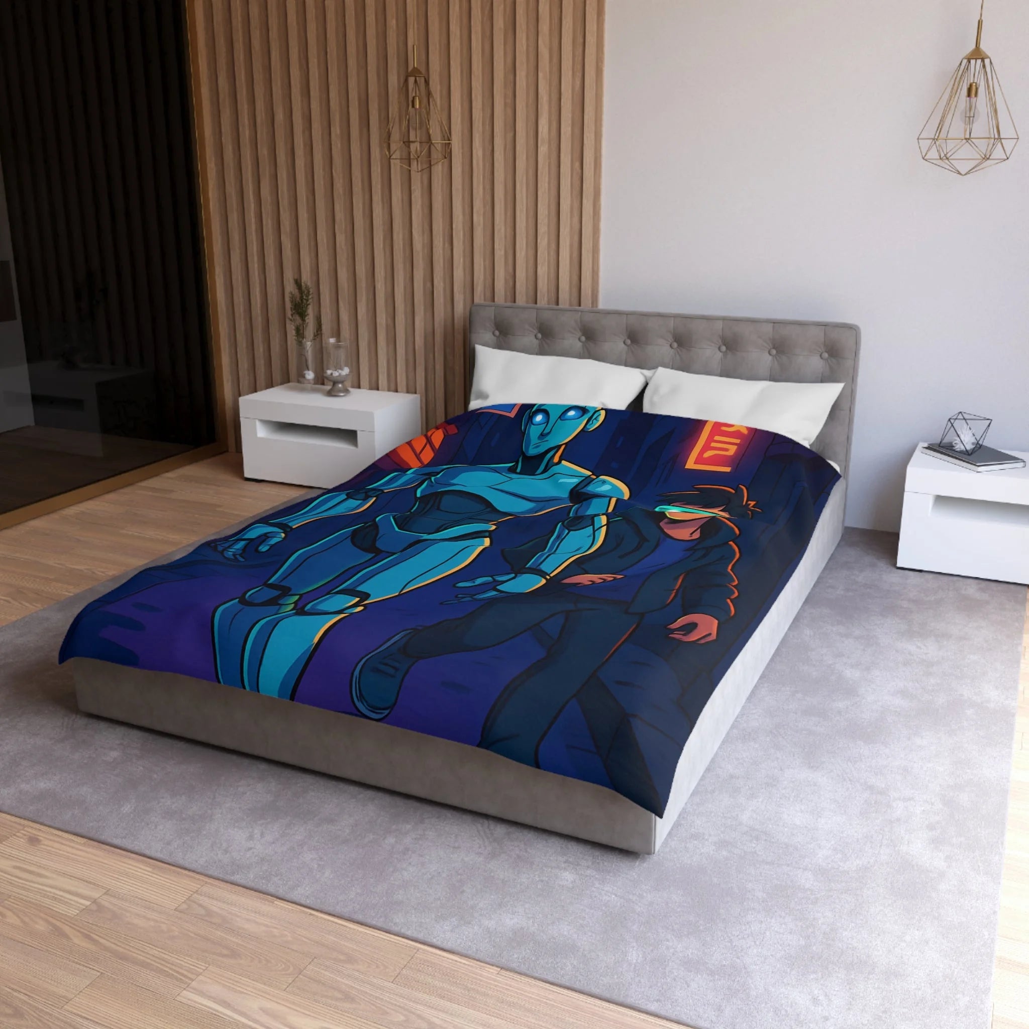 Housse de couette moderne avec illustration néon de robot et jeune avec lunettes lumineuses