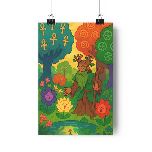 Poster mystique barbe longue robe bâton fleurs roses lotus arbre ankh spirale verts rouges jaunes cartoon naturel détaillé joyeux magique
