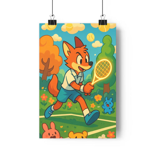 Poster renard tennis lapins verdure feuilles colorées fleurs sauvages ciel bleu nuages jaunes balles flottantes ambiance joyeuse style cartoon contours