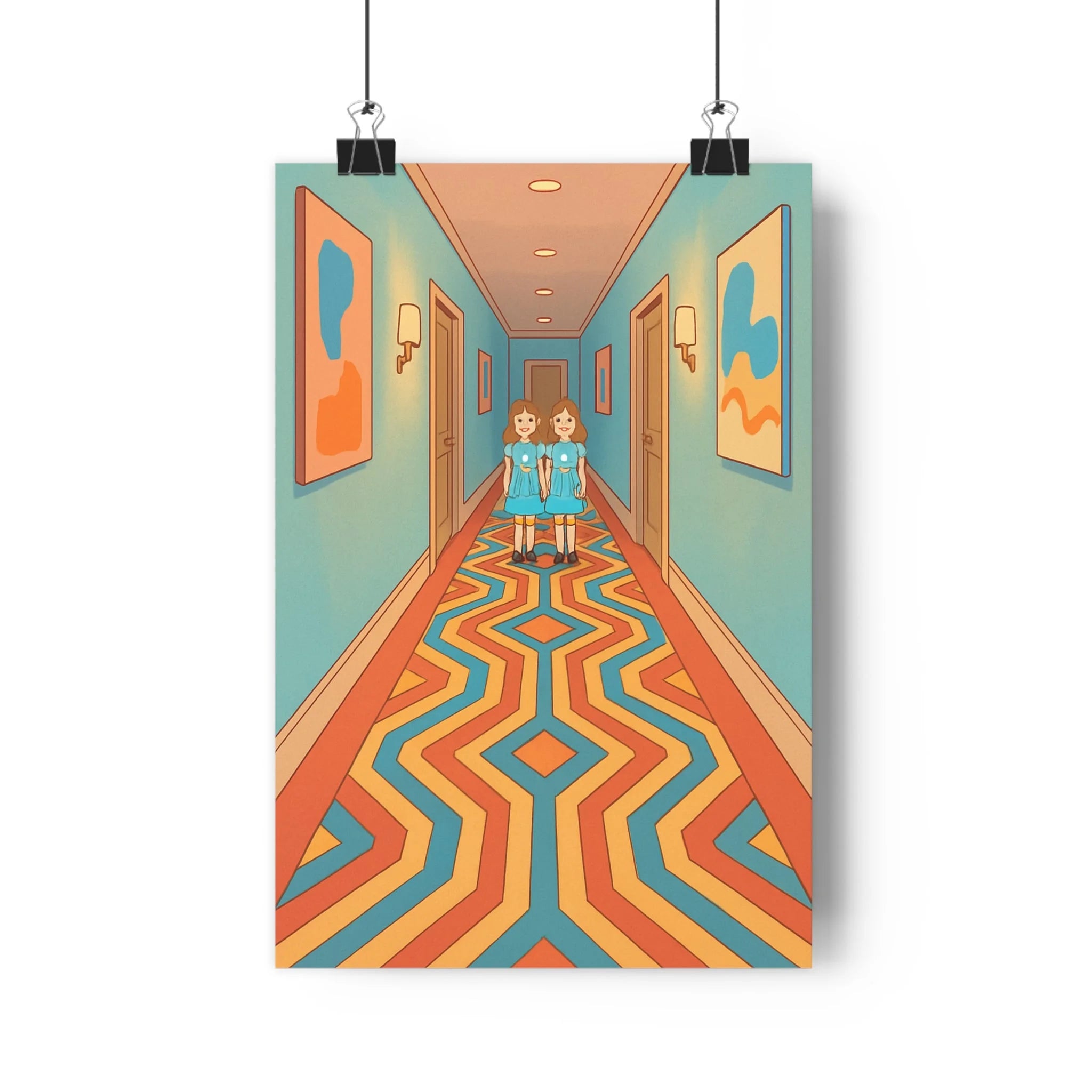 Poster décoratif anime surréaliste bleu orange rouge couloir enfant mystique tableau coloré unique artistique