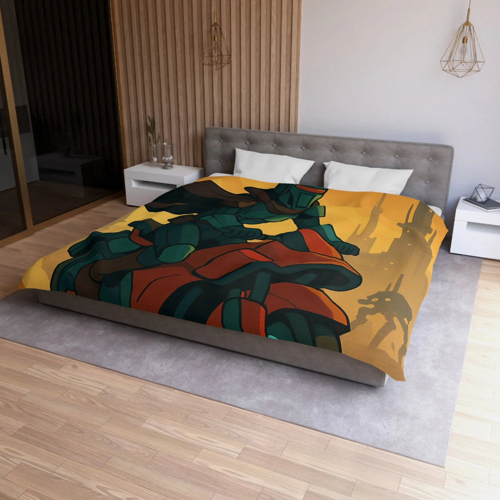 Housse de couette moto futuriste avec pilote en armure et paysage urbain orange