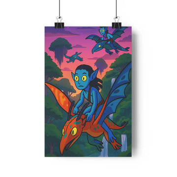 Poster fantastique créatures volantes bleu orange forêt nuages ciel coloré contours nets ombres douces ambiance mystérieuse salon chambre design vibrant