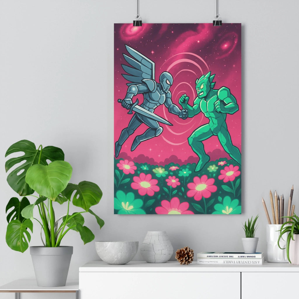 Poster décoratif futuriste rose violet guerrier félin combat aventure épée cosmique chambre salon unique