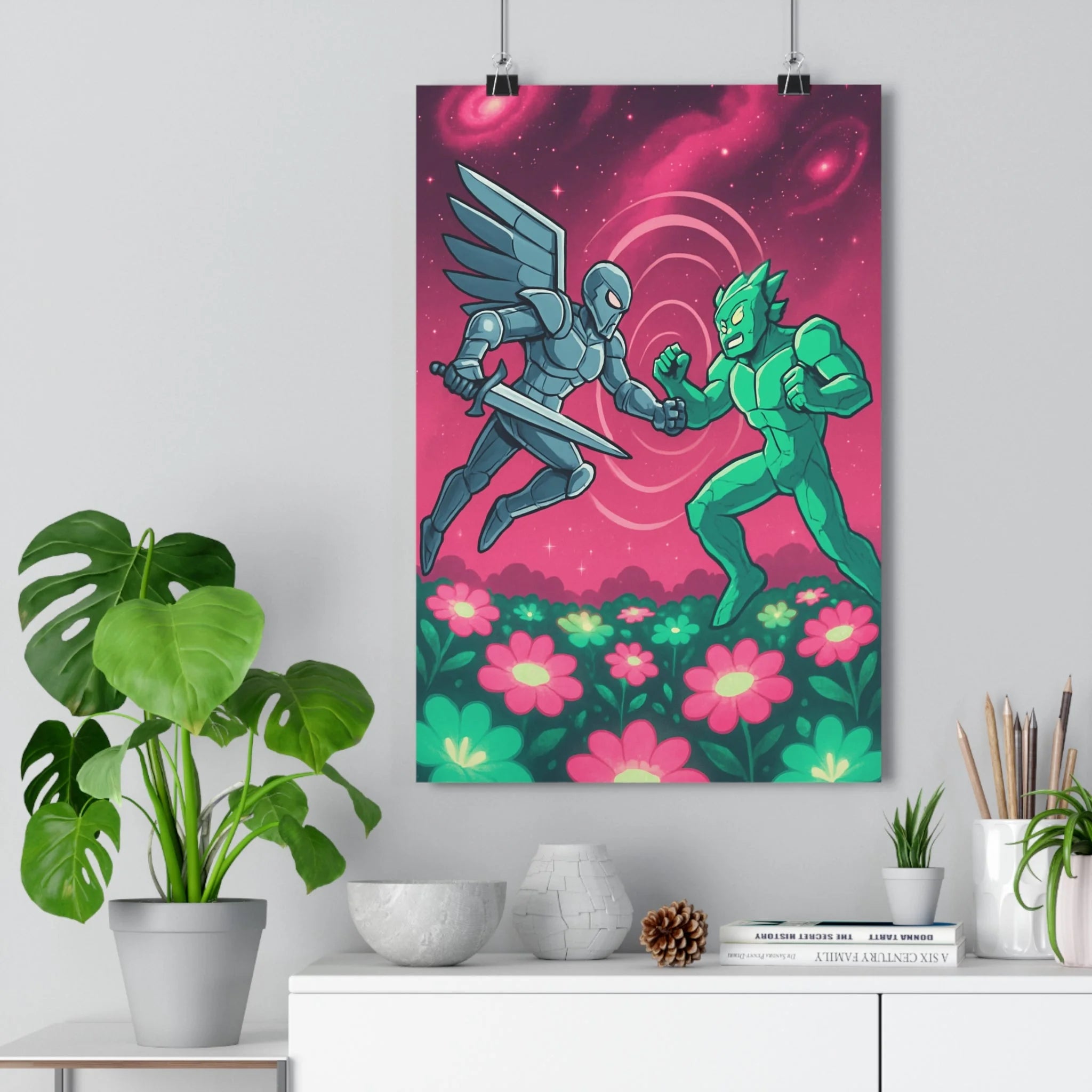 Poster décoratif futuriste rose violet guerrier félin combat aventure épée cosmique chambre salon unique
