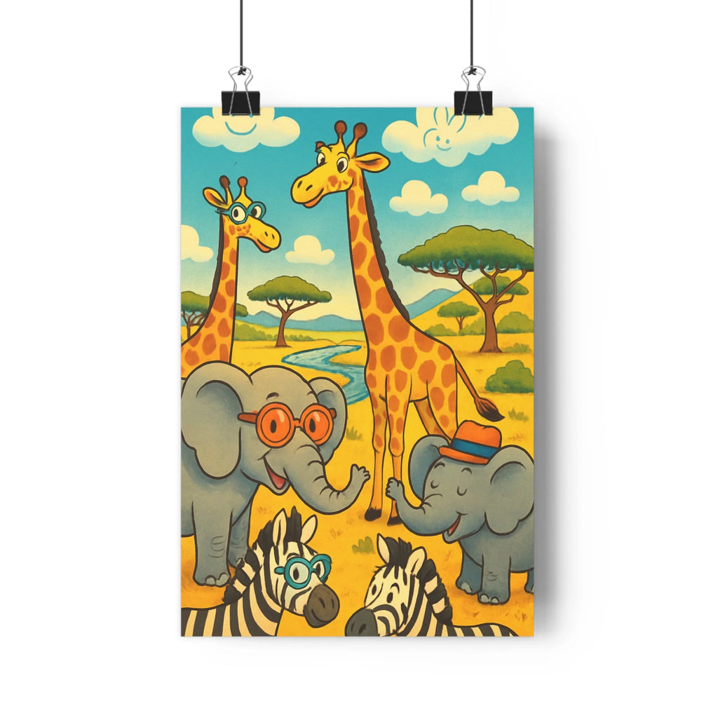 Poster décoratif cartoon safari joyeux coloré enfant girafe éléphant zèbre savane chambre aventure ambiance