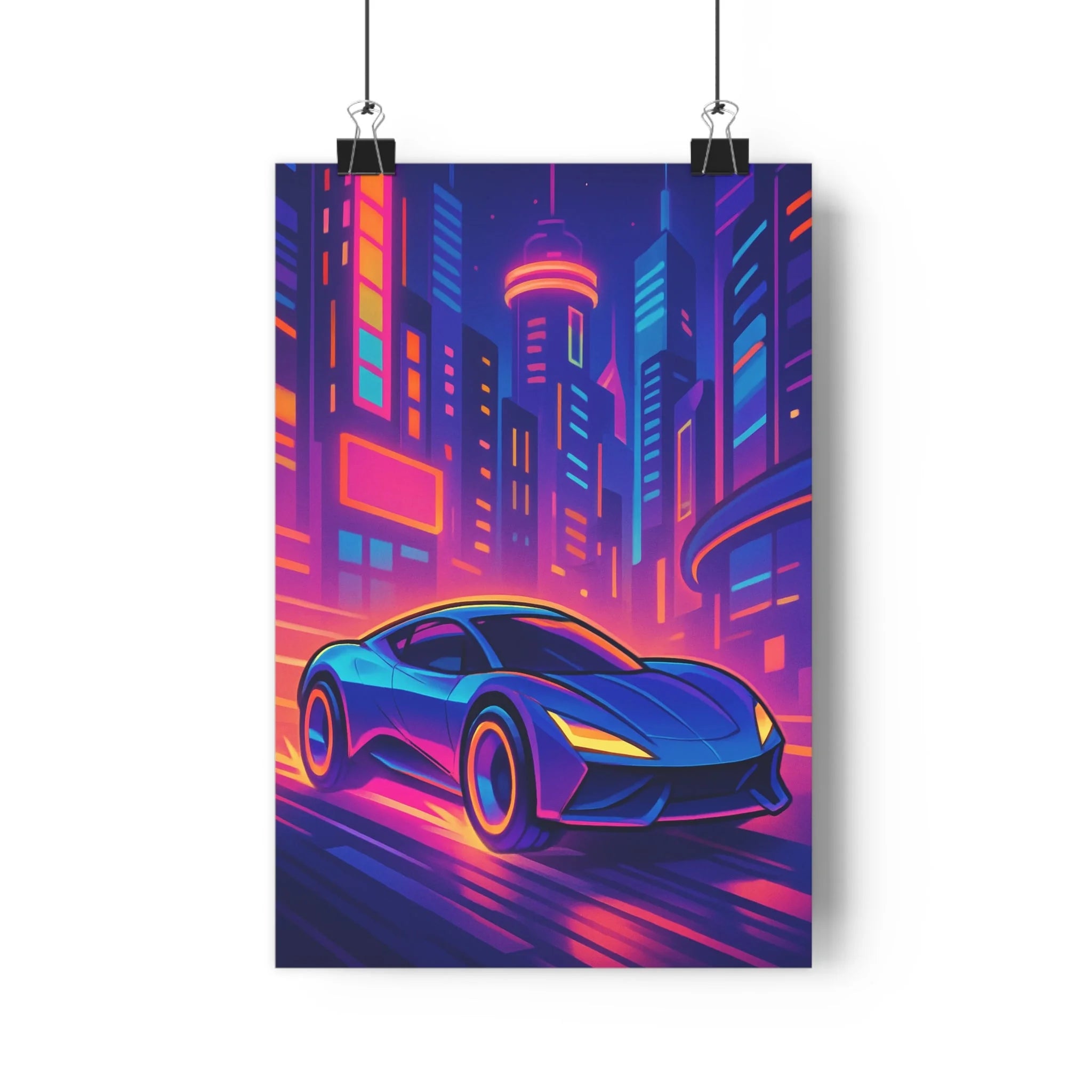 Poster décoratif futuriste voiture course néon bleu violet orange urbain moderne dynamique chambre salon