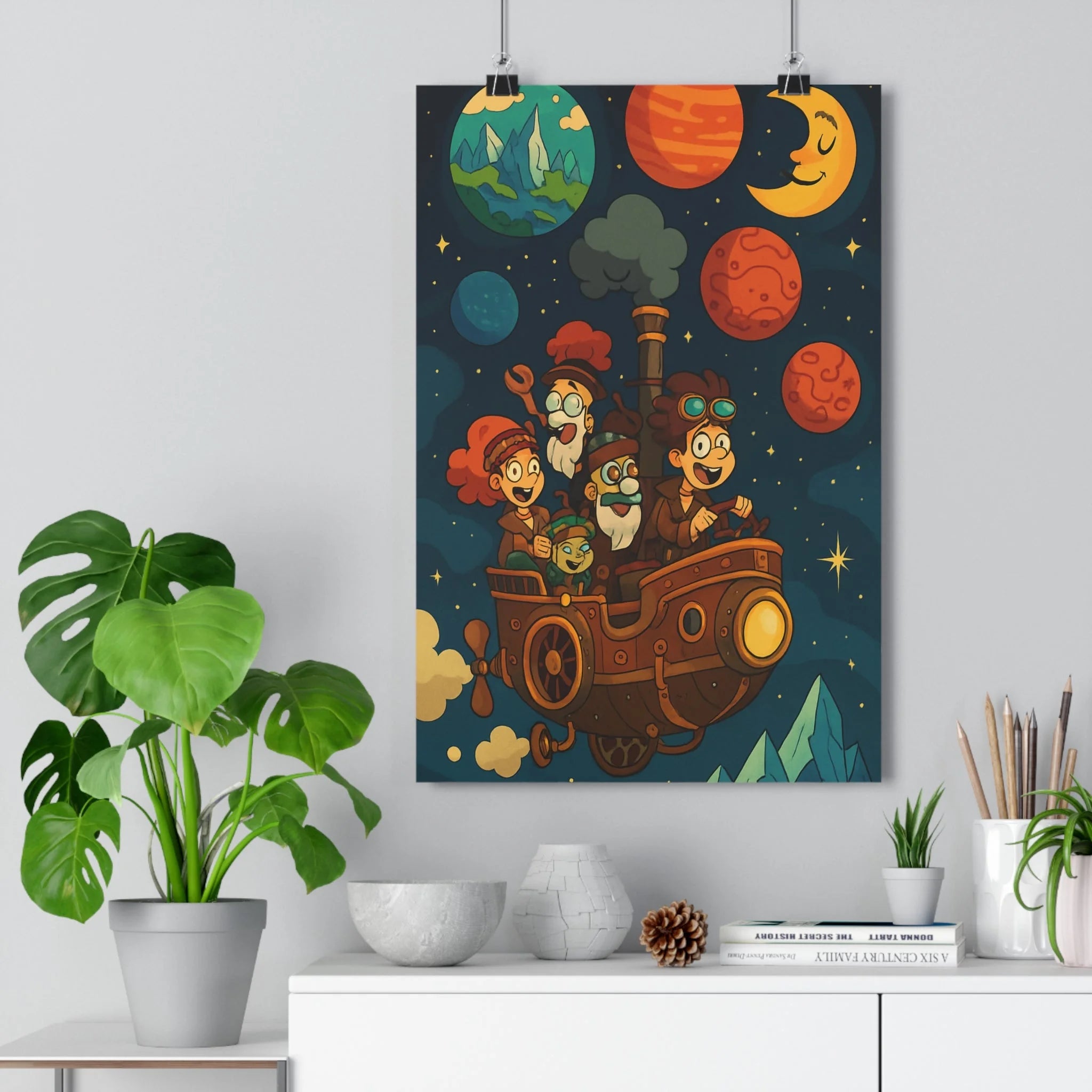Poster décoratif aventure coloré steampunk rétrofuturiste joyeux chambre enfant ludique cosmique dessin animé qualité