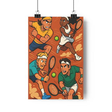 Poster décoratif héroïque tennis action orange vert bleu salon chambre sportif dynamique éclatant moderne