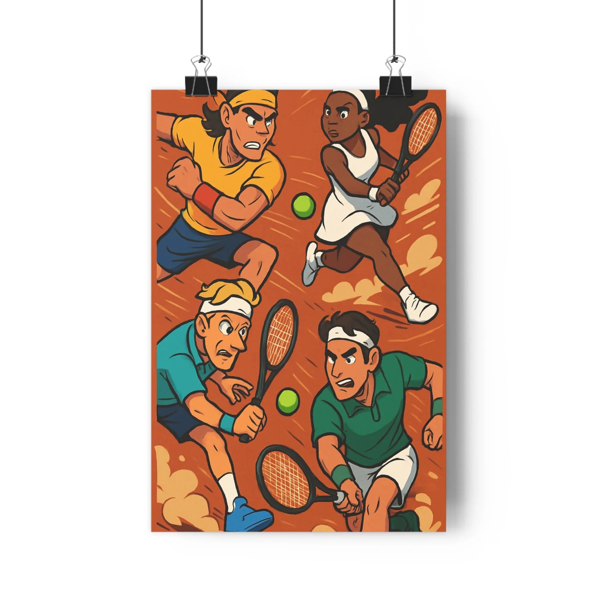 Poster décoratif héroïque tennis action orange vert bleu salon chambre sportif dynamique éclatant moderne
