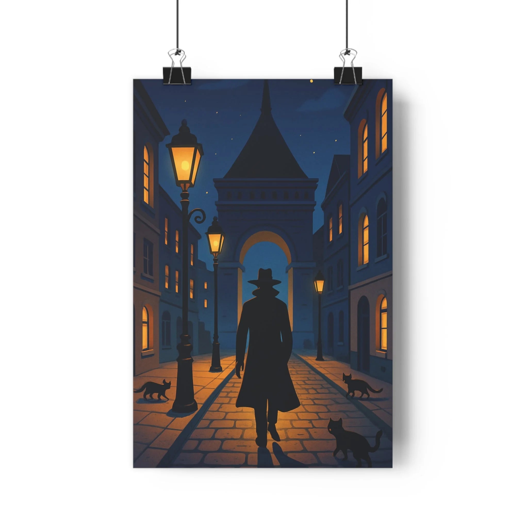 Poster décoratif cartoon mystique Paris nuit sombre bleu orange salon chambre ambiance intrigante mur