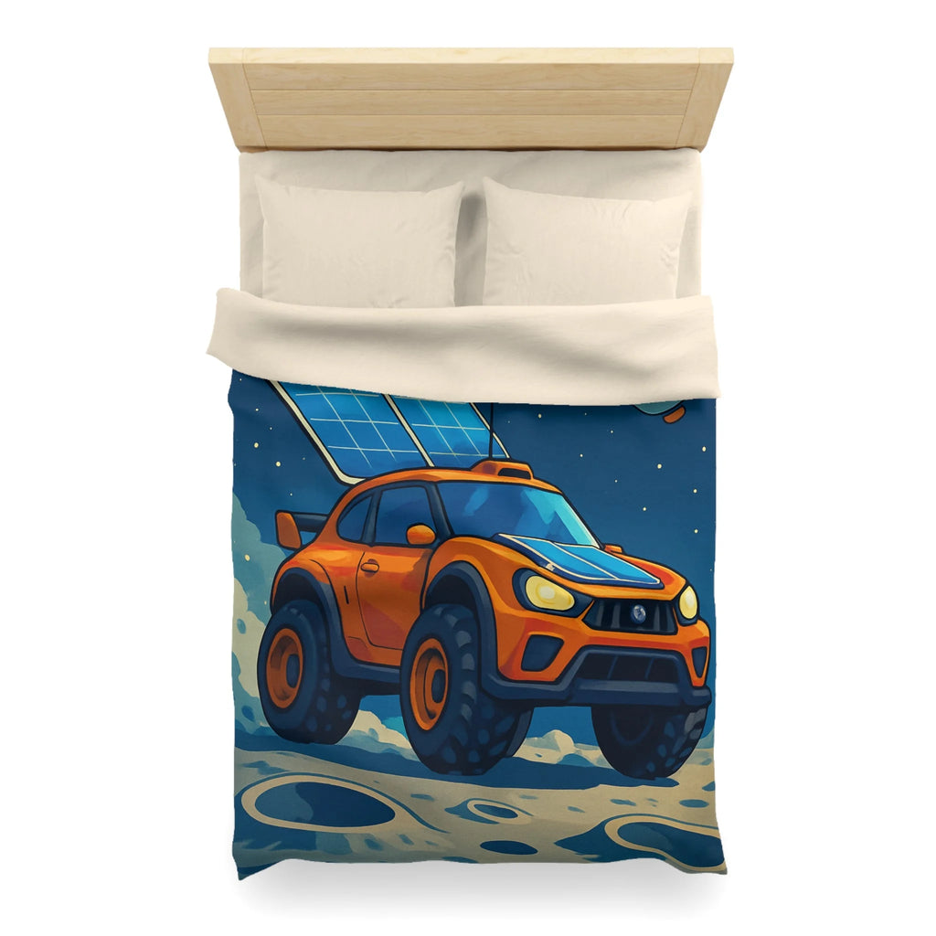 Housse de couette spatiale avec voiture orange et robots sur fond lunaire captivant