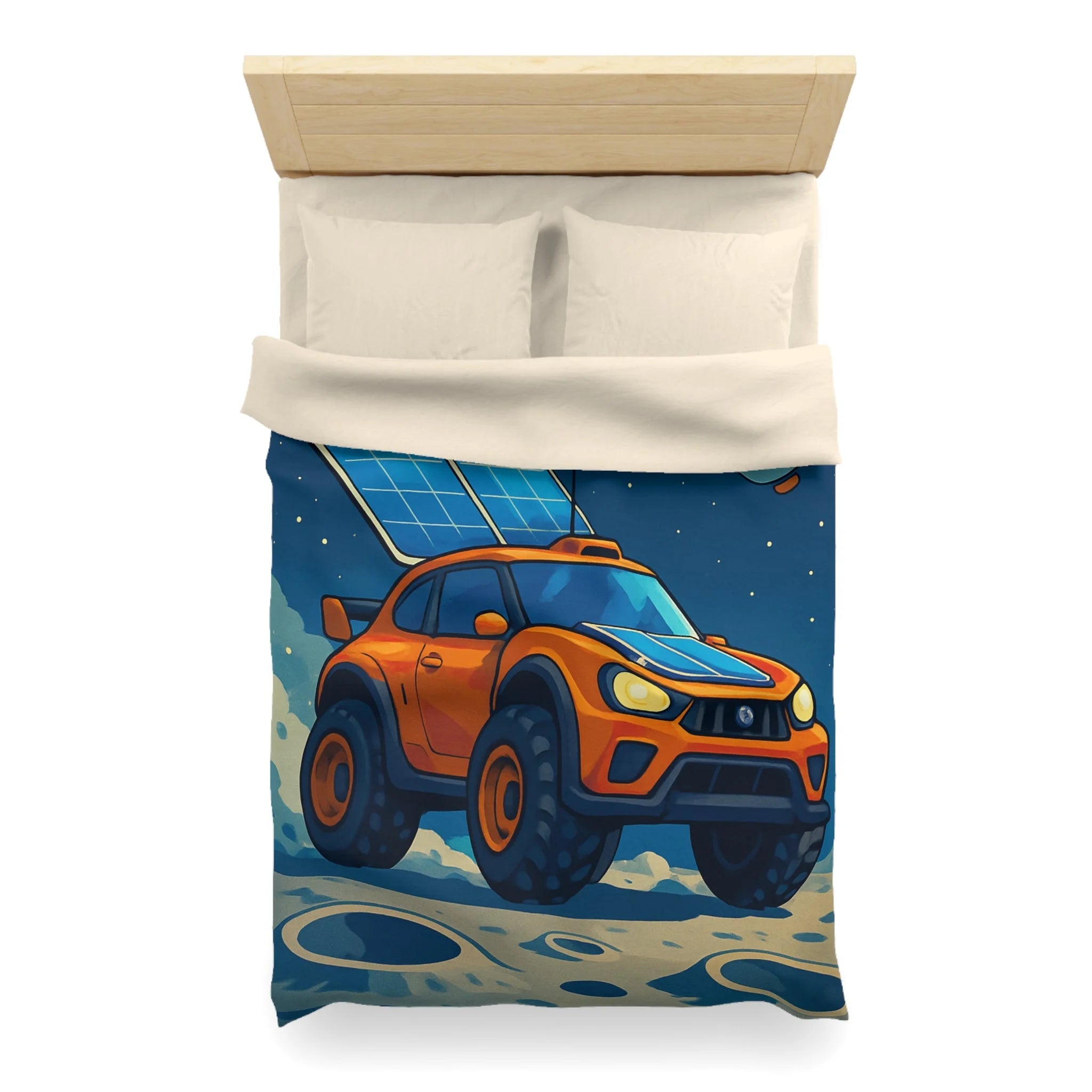 Housse de couette spatiale avec voiture orange et robots sur fond lunaire captivant