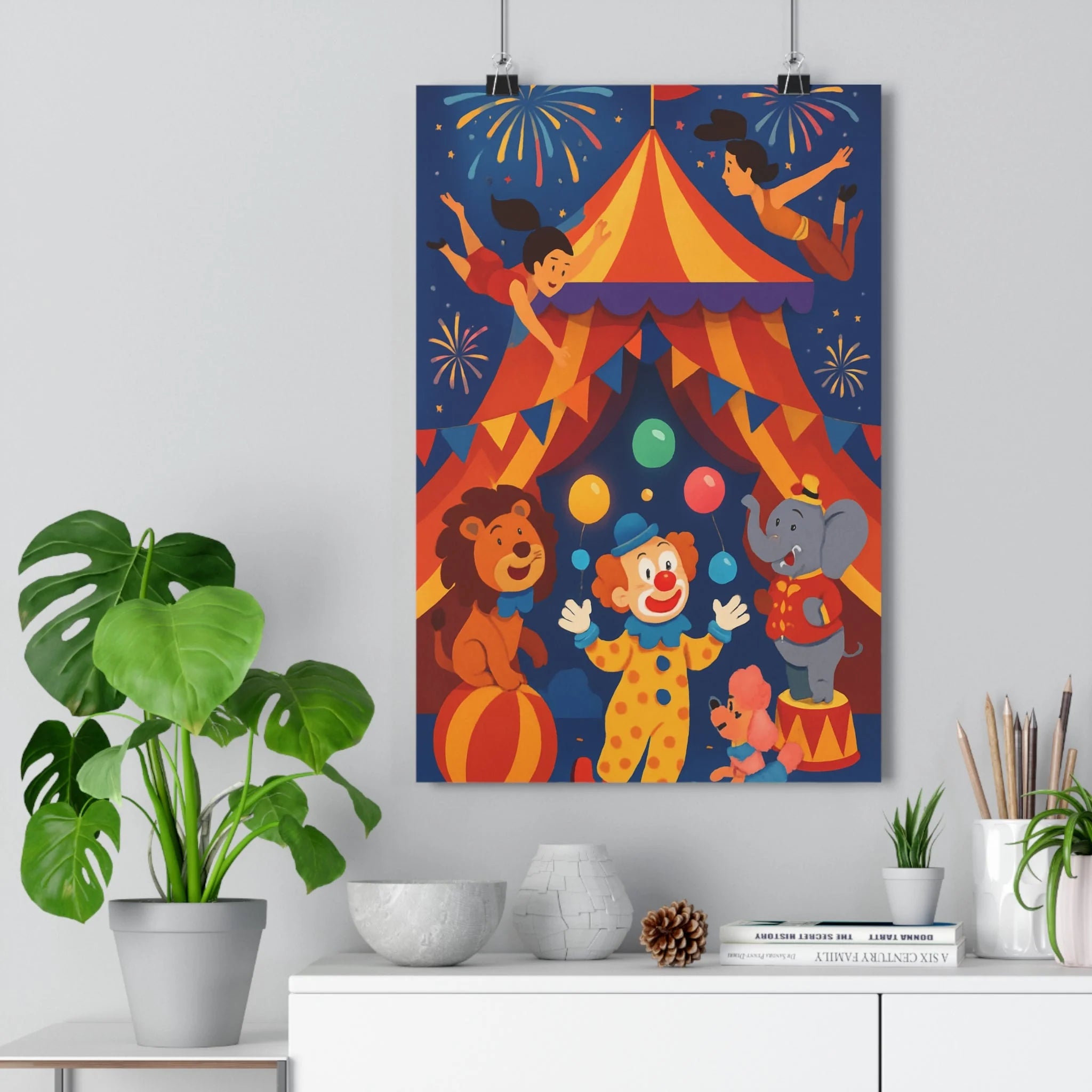 Poster décoratif joyeux coloré rouge jaune bleu enfant chambre ludique cirque clown lion éléphant