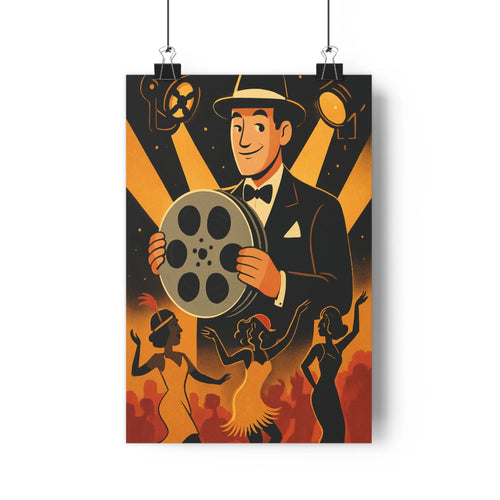 Poster cinéma rétro homme smoking bobine film femmes danseuses rayures noir orange projecteurs ambiance festive salon