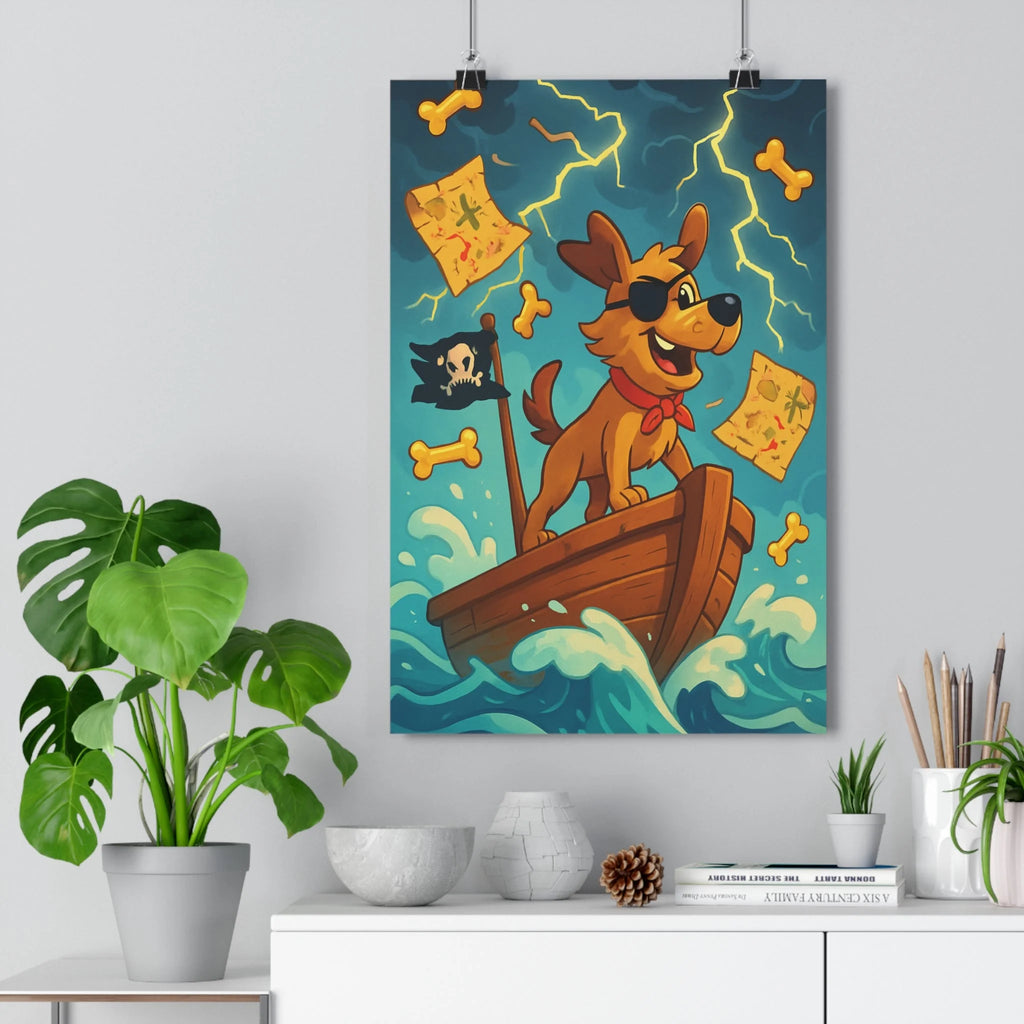Poster décoratif enfant aventure pirate chien mer rouge lumineux mystique chambre atmosphère maritime éclairs