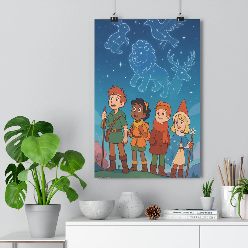 Poster décoratif fantastique dessin animé enfants ciel étoilé magique aventure animal constellations couleurs douces