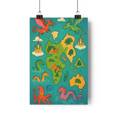 Poster fantastique dragons octopus hippocampe mappemonde montagnes forêts châteaux nuages vert bleu cartoon enfantin qualité